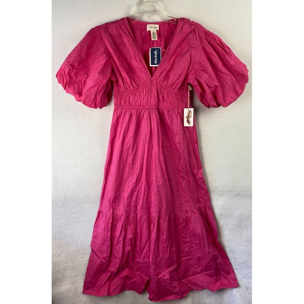 Jessica Simpson Pink Puff-Sleeve Midi Dress Sz S Barbiecore NEW